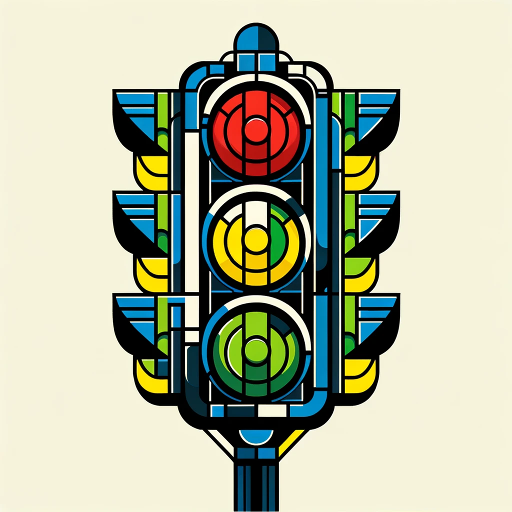 DALL·E 2024-02-08 11.47.22 - Recreate the illustration in the same abstract and geometric style as the previous images, depicting a standard traffic light with red, yellow, and gr